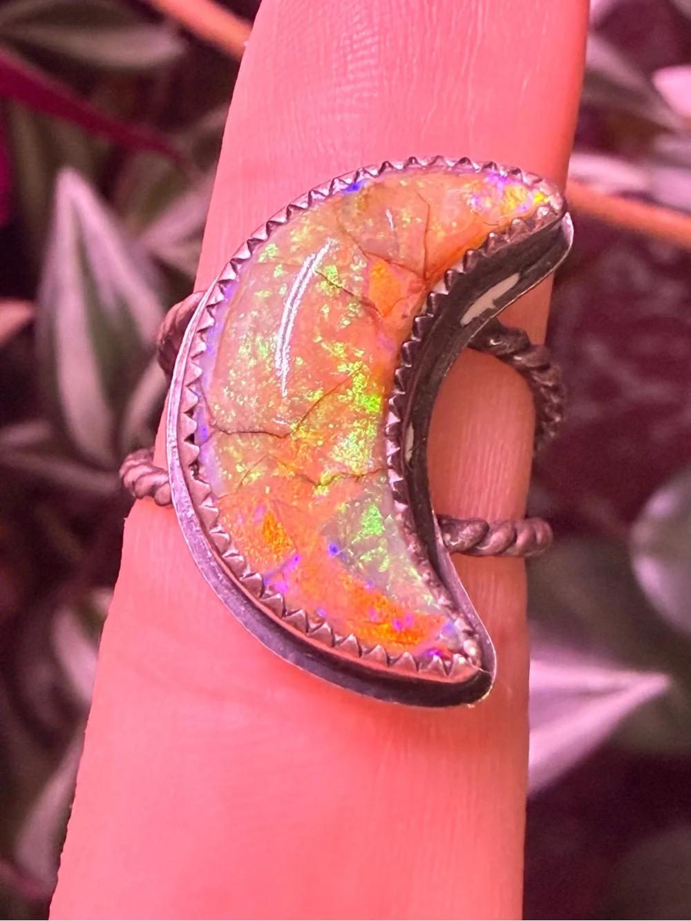 Sterling Silver Monarch Opal Ring Moon Shape Handmade Statement Ring Celestial - Picture 5 of 7